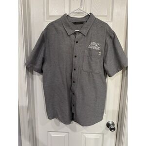 Harley Davidson Shirt Mens XL Slim Short Sleeve Gray Button Up Down Number‎ 1